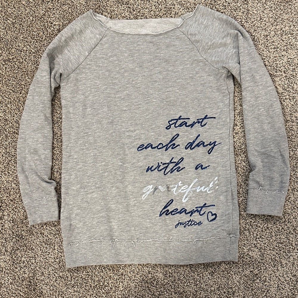 Justice girls Gray Sweatshirt with Blue and White Script